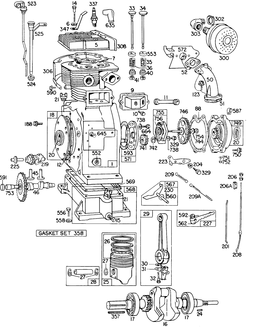 Cyl, Piston, Muffler, Crnkcse Diagram and Parts List for 325431-0125-XX  Briggs and Stratton Engine